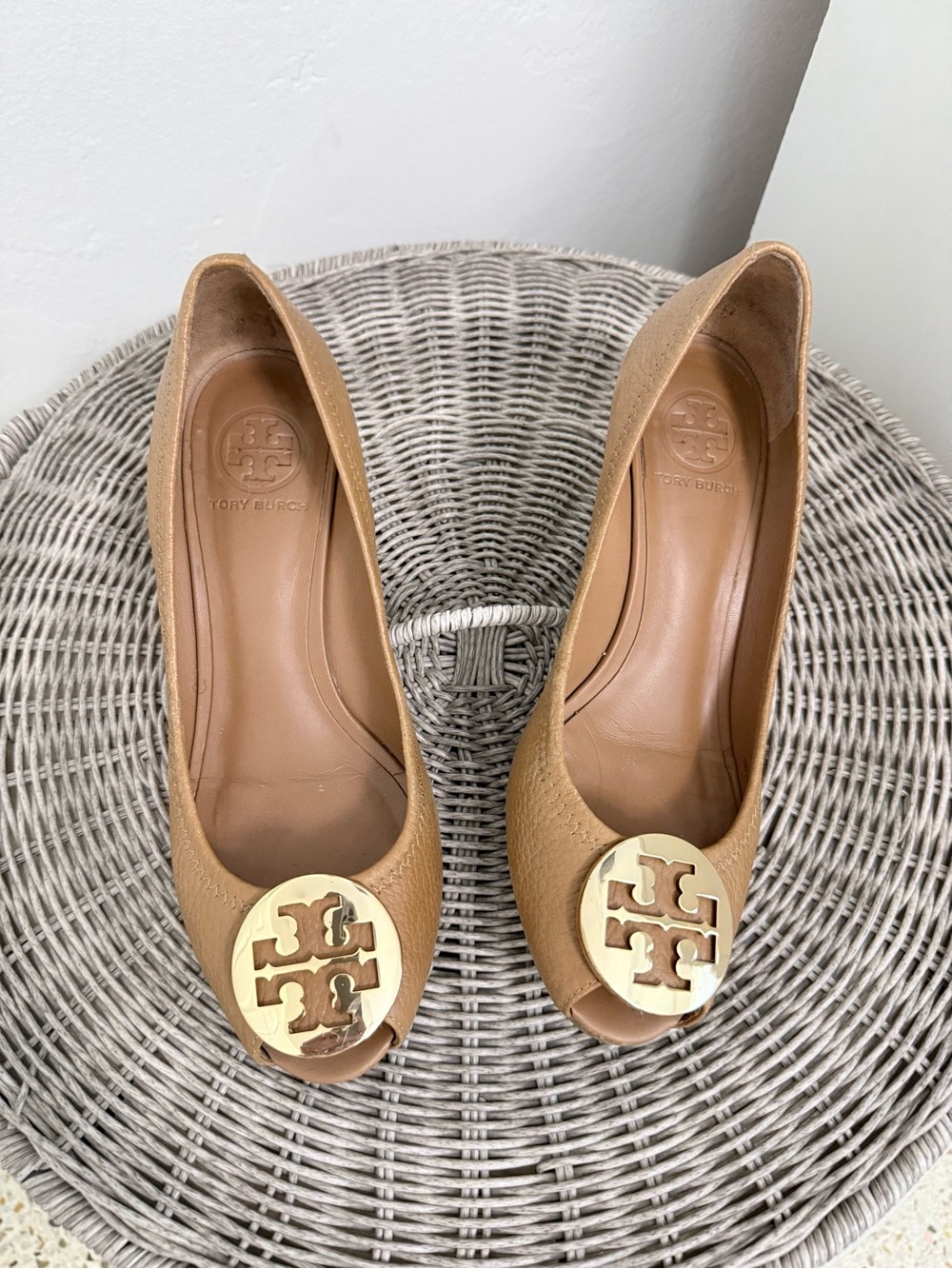 Tory Burch Camel Leather Peep-Toe wedges with Gold Logo Medallion